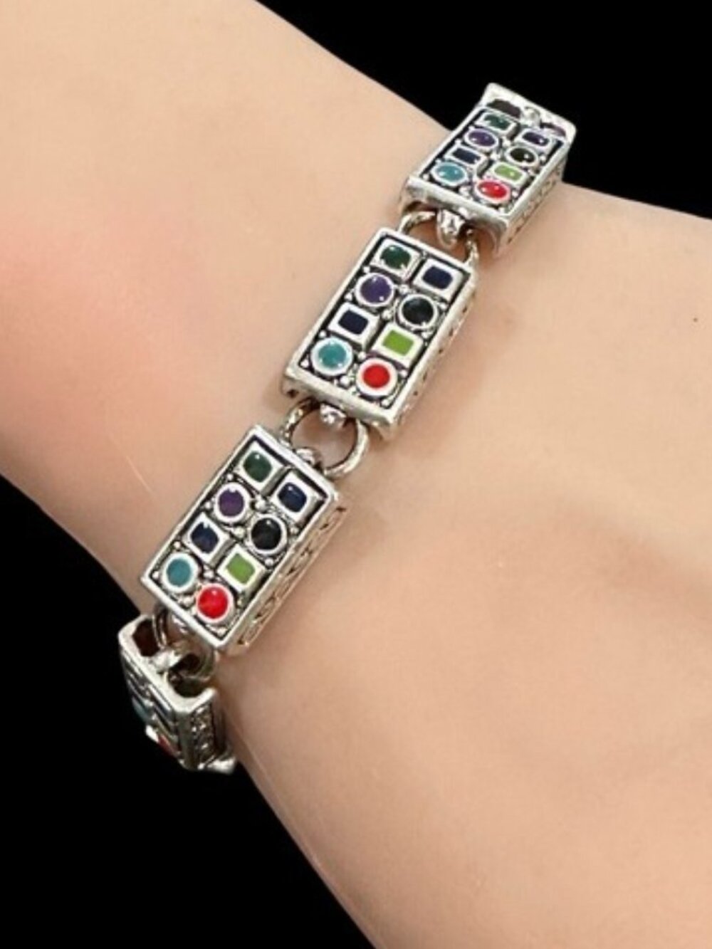 Vintage Bracelet Silver Tone Multi Color Enamel Art Fold Over Magnetic Clasp
